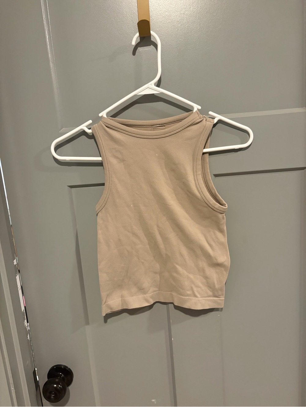 Ribbed High-Neck Tank Top in Beige
